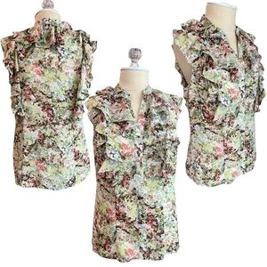 Sunny Leigh Floral Green Coral White Button Down Flowy Chiffon Blouse in Medium
